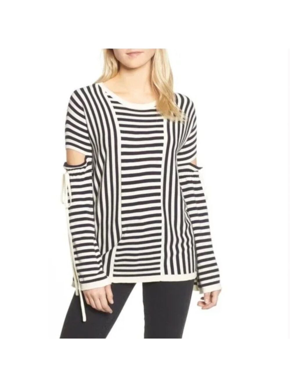 Trouve Stripe Cutout Sleeve Sweater